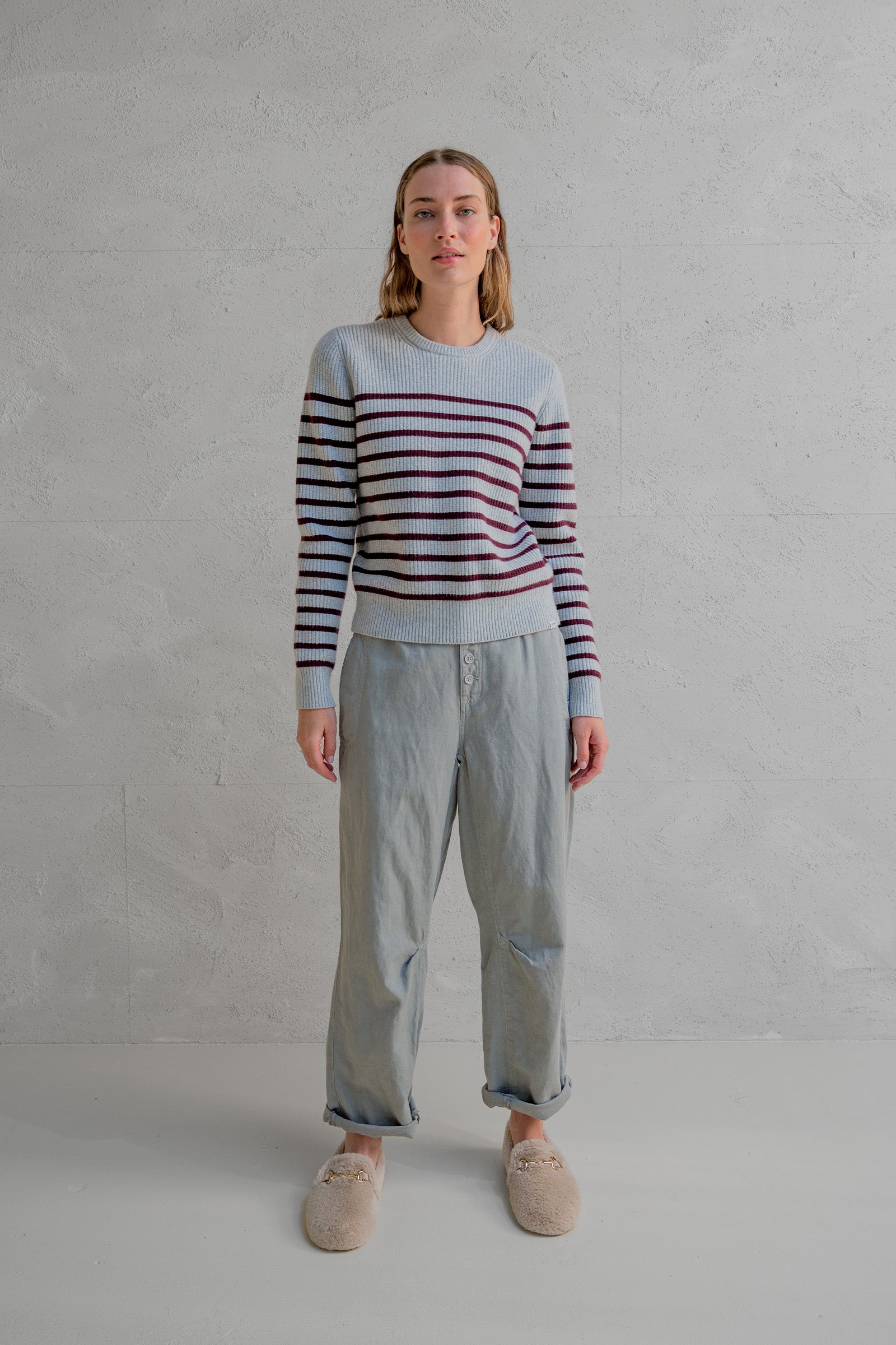 JUMPER STRIPE (W25B351) GREY MELANGE - AUBERGINE