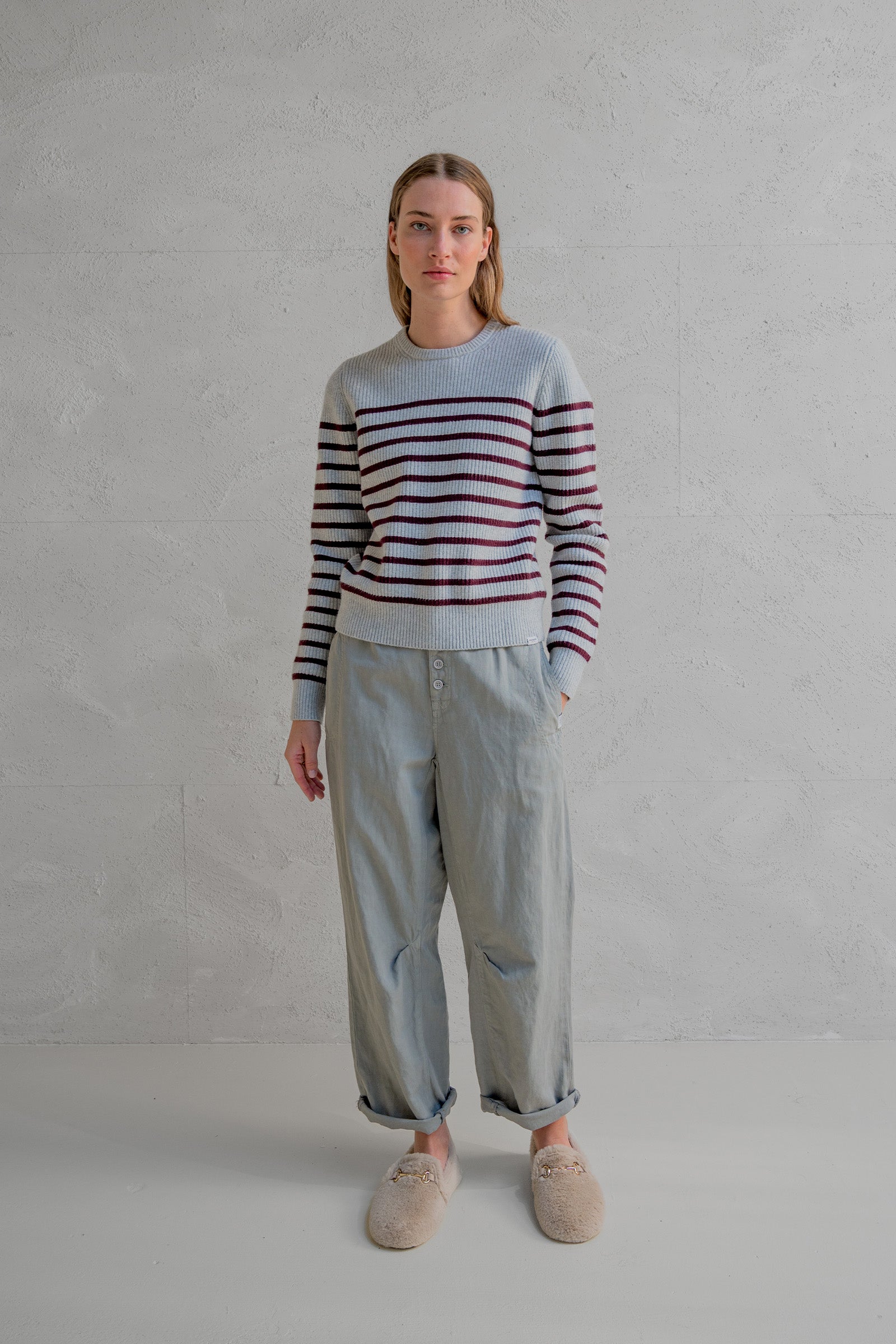 JUMPER STRIPE (W25B351) GREY MELANGE - AUBERGINE