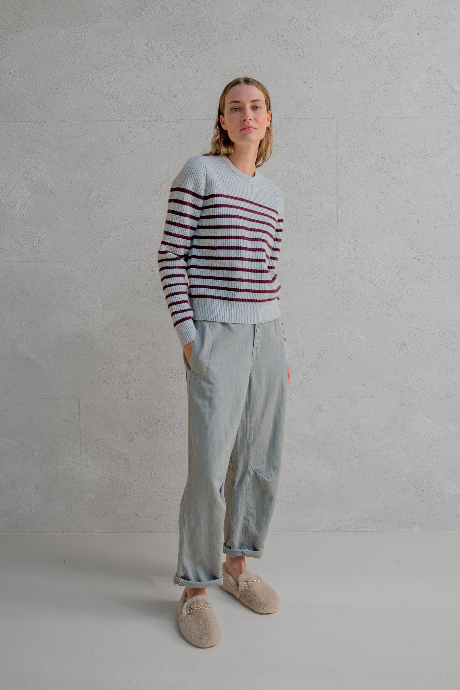 JUMPER STRIPE (W25B351) GREY MELANGE - AUBERGINE